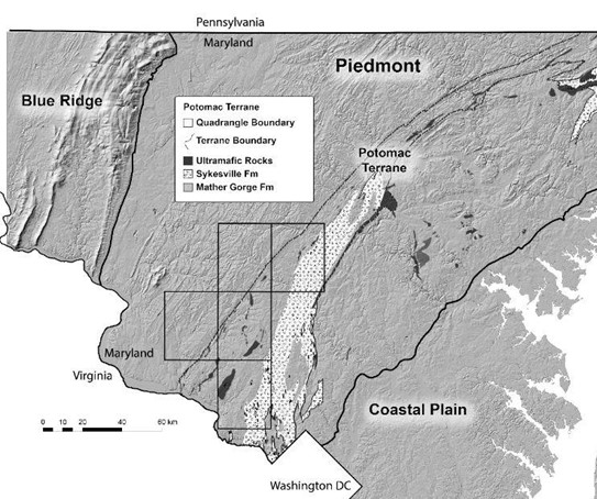 Location map of Maryland Potomac terrane and five quadrangles from which samples are sourced for the FY2023 grant.